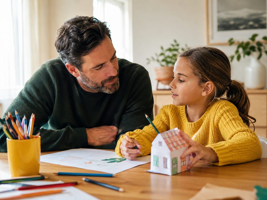 A dad and his daughter drawing together at a table