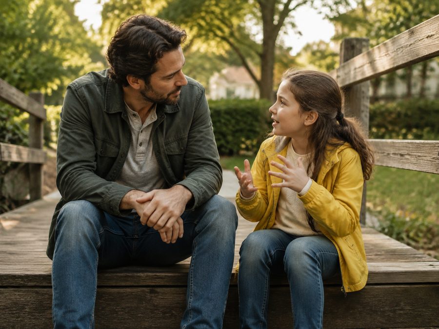 A dad listening to his daughter on a set of wooden steps